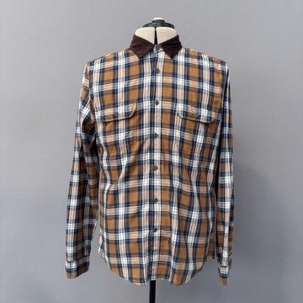 H&M LOGG Mens Long Sleeve Button Front Corduroy Collar Elbow Patches Brown Sz L